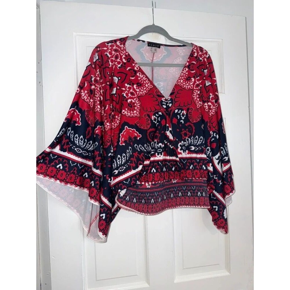 women’s venus red patterned drape v neck top